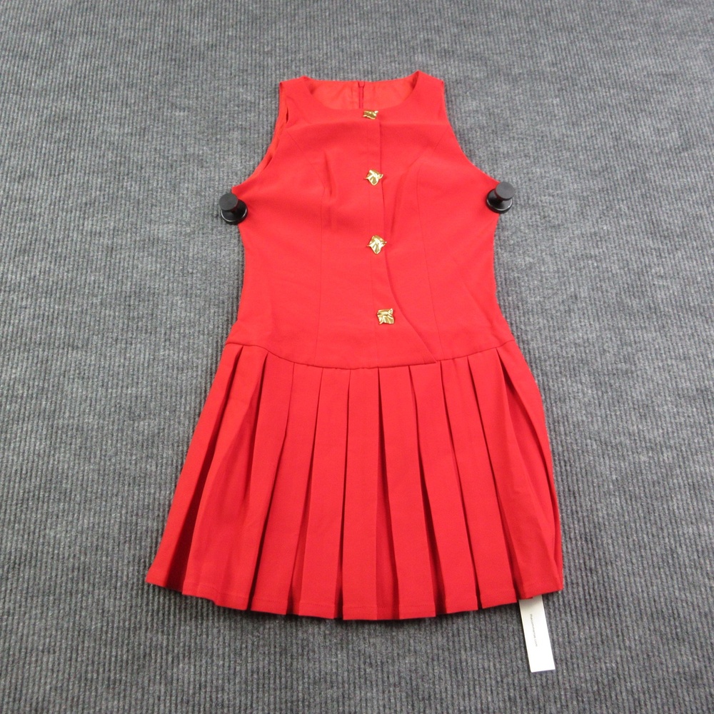 COMMENSE Dress Womens S Red Fit & Flare Short Pleated Skirt Gold Buttons NWT